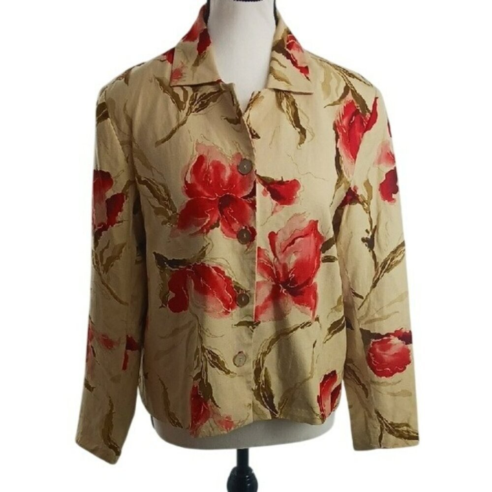 Coldwater Creek Womens Silk Blouse Jacket Floral Button Front Tan Red Petite S